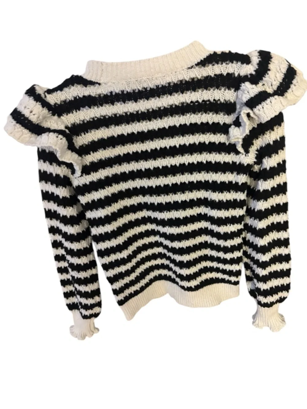 LOFT Black & Cream Striped Ruffle-Shoulder Crewneck Sweater - Picture 2 of 3